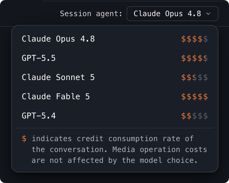The agent model dropdown open in the chat header