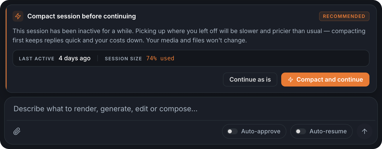 The Compact session before continuing prompt with its Compact / Continue as is buttons