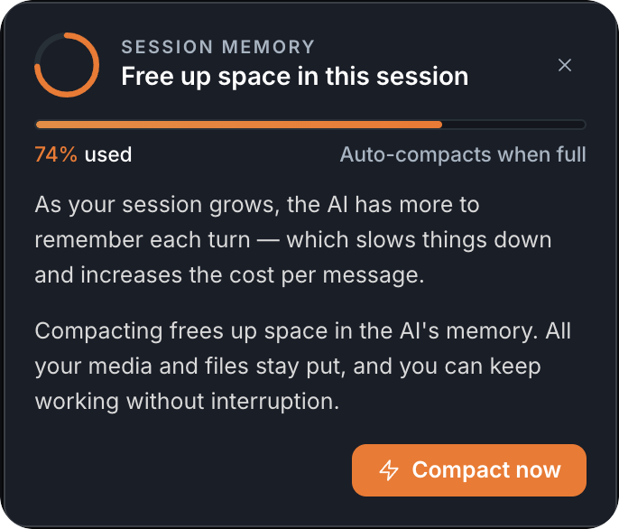The context meter in the header with its popover showing remaining context