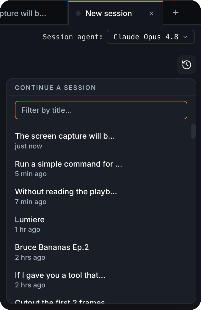 The Continue a session menu listing past sessions with their last-active times