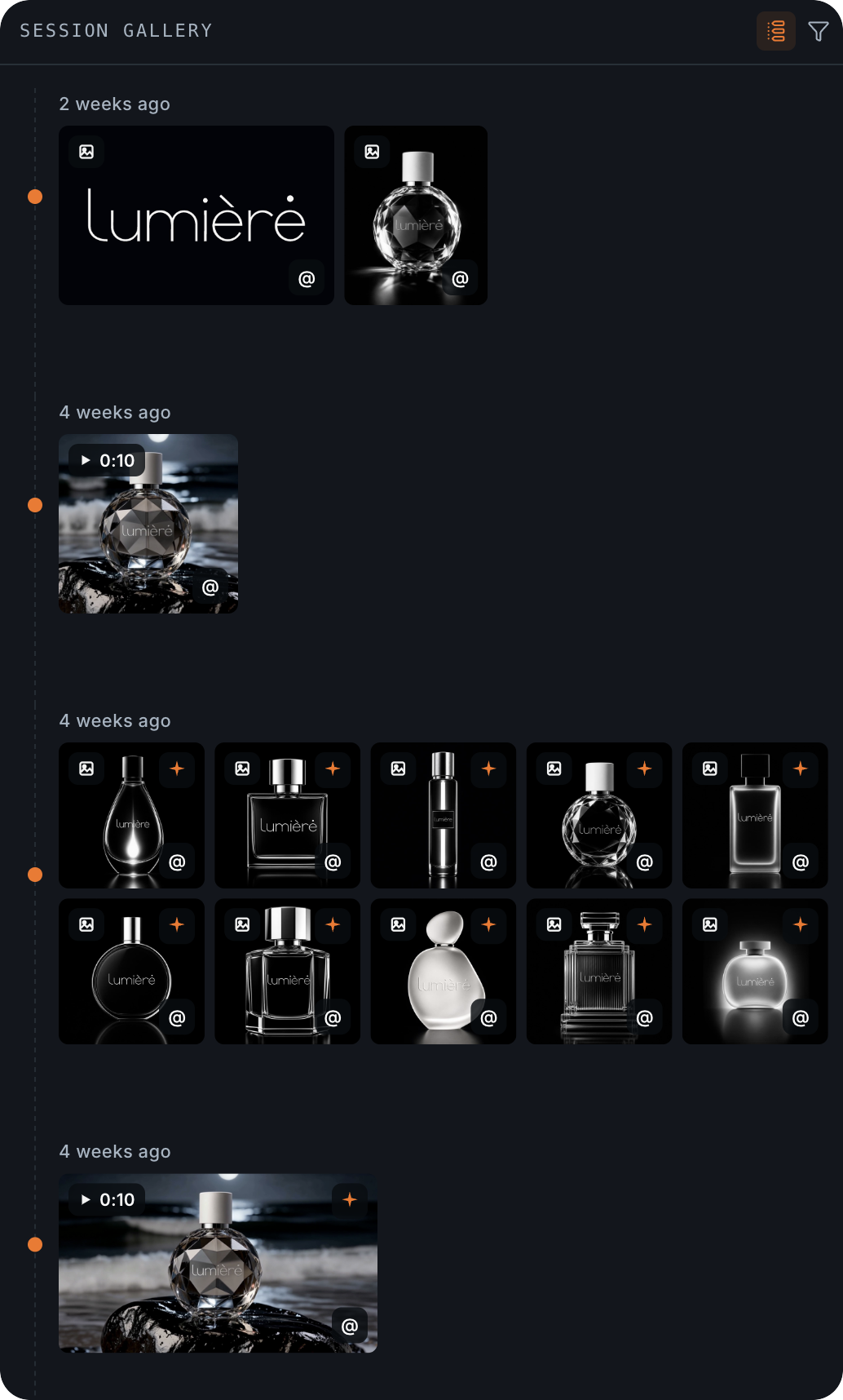 The session gallery with media thumbnails and the grid / timeline toggle