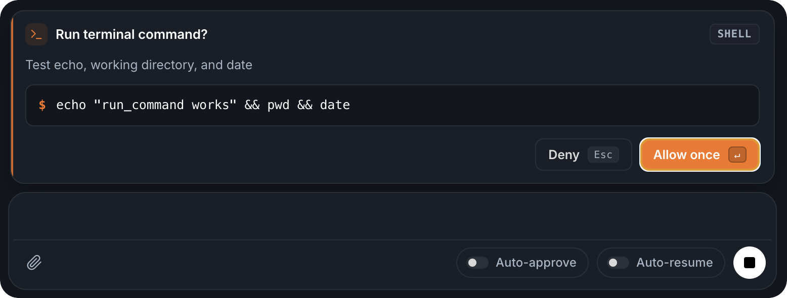 The Run terminal command? dialog with the command, its description, and Allow once / Deny